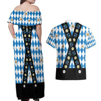 Bavaria Traditional Lederhosen Costume Couples Matching Off Shoulder Maxi Dress and Hawaiian Shirt Bavaria Emblem - Blue Plaid Pattern with Edelweiss Flowers