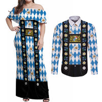 Bavaria Traditional Lederhosen Costume Couples Matching Off Shoulder Maxi Dress and Long Sleeve Button Shirt Bavaria Emblem - Blue Plaid Pattern with Edelweiss Flowers