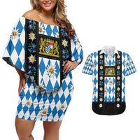 Bavaria Traditional Lederhosen Costume Couples Matching Off Shoulder Short Dress and Hawaiian Shirt Bavaria Emblem - Blue Plaid Pattern with Edelweiss Flowers