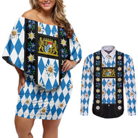 Bavaria Traditional Lederhosen Costume Couples Matching Off Shoulder Short Dress and Long Sleeve Button Shirt Bavaria Emblem - Blue Plaid Pattern with Edelweiss Flowers