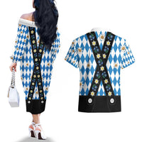 Bavaria Traditional Lederhosen Costume Couples Matching Off The Shoulder Long Sleeve Dress and Hawaiian Shirt Bavaria Emblem - Blue Plaid Pattern with Edelweiss Flowers
