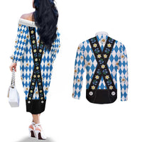 Bavaria Traditional Lederhosen Costume Couples Matching Off The Shoulder Long Sleeve Dress and Long Sleeve Button Shirt Bavaria Emblem - Blue Plaid Pattern with Edelweiss Flowers