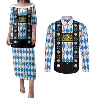 Bavaria Traditional Lederhosen Costume Couples Matching Puletasi and Long Sleeve Button Shirt Bavaria Emblem - Blue Plaid Pattern with Edelweiss Flowers