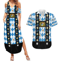 Bavaria Traditional Lederhosen Costume Couples Matching Summer Maxi Dress and Hawaiian Shirt Bavaria Emblem - Blue Plaid Pattern with Edelweiss Flowers