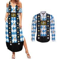 Bavaria Traditional Lederhosen Costume Couples Matching Summer Maxi Dress and Long Sleeve Button Shirt Bavaria Emblem - Blue Plaid Pattern with Edelweiss Flowers
