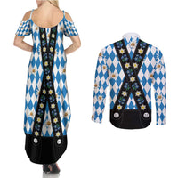Bavaria Traditional Lederhosen Costume Couples Matching Summer Maxi Dress and Long Sleeve Button Shirt Bavaria Emblem - Blue Plaid Pattern with Edelweiss Flowers