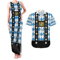 Bavaria Traditional Lederhosen Costume Couples Matching Tank Maxi Dress and Hawaiian Shirt Bavaria Emblem - Blue Plaid Pattern with Edelweiss Flowers