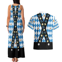 Bavaria Traditional Lederhosen Costume Couples Matching Tank Maxi Dress and Hawaiian Shirt Bavaria Emblem - Blue Plaid Pattern with Edelweiss Flowers