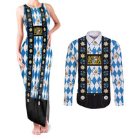 Bavaria Traditional Lederhosen Costume Couples Matching Tank Maxi Dress and Long Sleeve Button Shirt Bavaria Emblem - Blue Plaid Pattern with Edelweiss Flowers