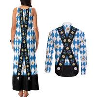 Bavaria Traditional Lederhosen Costume Couples Matching Tank Maxi Dress and Long Sleeve Button Shirt Bavaria Emblem - Blue Plaid Pattern with Edelweiss Flowers