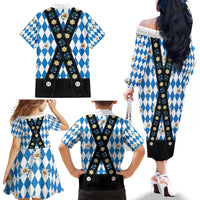 Bavaria Traditional Lederhosen Costume Family Matching Off The Shoulder Long Sleeve Dress and Hawaiian Shirt Bavaria Emblem - Blue Plaid Pattern with Edelweiss Flowers