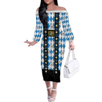Bavaria Traditional Lederhosen Costume Family Matching Off The Shoulder Long Sleeve Dress and Hawaiian Shirt Bavaria Emblem - Blue Plaid Pattern with Edelweiss Flowers