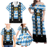 Bavaria Traditional Lederhosen Costume Family Matching Off Shoulder Maxi Dress and Hawaiian Shirt Bavaria Emblem - Blue Plaid Pattern with Edelweiss Flowers - Wonder Print Shop