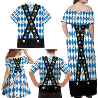 Bavaria Traditional Lederhosen Costume Family Matching Off Shoulder Maxi Dress and Hawaiian Shirt Bavaria Emblem - Blue Plaid Pattern with Edelweiss Flowers - Wonder Print Shop