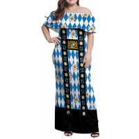 Bavaria Traditional Lederhosen Costume Family Matching Off Shoulder Maxi Dress and Hawaiian Shirt Bavaria Emblem - Blue Plaid Pattern with Edelweiss Flowers - Wonder Print Shop