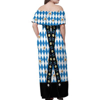Bavaria Traditional Lederhosen Costume Family Matching Off Shoulder Maxi Dress and Hawaiian Shirt Bavaria Emblem - Blue Plaid Pattern with Edelweiss Flowers - Wonder Print Shop