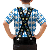 Bavaria Traditional Lederhosen Costume Family Matching Off Shoulder Short Dress and Hawaiian Shirt Bavaria Emblem - Blue Plaid Pattern with Edelweiss Flowers - Wonder Print Shop