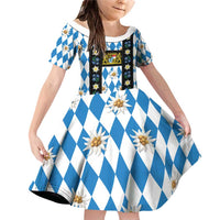 Bavaria Traditional Lederhosen Costume Family Matching Off Shoulder Short Dress and Hawaiian Shirt Bavaria Emblem - Blue Plaid Pattern with Edelweiss Flowers - Wonder Print Shop