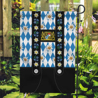 Bavaria Traditional Lederhosen Costume Garden Flag Bavaria Emblem - Blue Plaid Pattern with Edelweiss Flowers - Wonder Print Shop