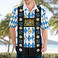 Bavaria Traditional Lederhosen Costume Hawaiian Shirt Bavaria Emblem - Blue Plaid Pattern with Edelweiss Flowers - Wonder Print Shop