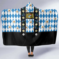 Bavaria Traditional Lederhosen Costume Hooded Blanket Bavaria Emblem - Blue Plaid Pattern with Edelweiss Flowers - Wonder Print Shop