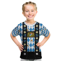 Bavaria Traditional Lederhosen Costume Kid T Shirt Bavaria Emblem - Blue Plaid Pattern with Edelweiss Flowers - Wonder Print Shop