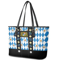 Bavaria Traditional Lederhosen Costume Leather Tote Bag Bavaria Emblem - Blue Plaid Pattern with Edelweiss Flowers