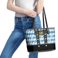 Bavaria Traditional Lederhosen Costume Leather Tote Bag Bavaria Emblem - Blue Plaid Pattern with Edelweiss Flowers