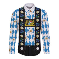 Bavaria Traditional Lederhosen Costume Long Sleeve Button Shirt Bavaria Emblem - Blue Plaid Pattern with Edelweiss Flowers