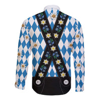 Bavaria Traditional Lederhosen Costume Long Sleeve Button Shirt Bavaria Emblem - Blue Plaid Pattern with Edelweiss Flowers