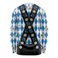 Bavaria Traditional Lederhosen Costume Long Sleeve Shirt Bavaria Emblem - Blue Plaid Pattern with Edelweiss Flowers - Wonder Print Shop