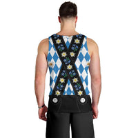 Bavaria Traditional Lederhosen Costume Men Tank Top Bavaria Emblem - Blue Plaid Pattern with Edelweiss Flowers - Wonder Print Shop