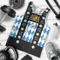 Bavaria Traditional Lederhosen Costume Men Tank Top Bavaria Emblem - Blue Plaid Pattern with Edelweiss Flowers - Wonder Print Shop
