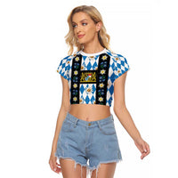Bavaria Traditional Lederhosen Costume Raglan Cropped T Shirt Bavaria Emblem - Blue Plaid Pattern with Edelweiss Flowers - Wonder Print Shop