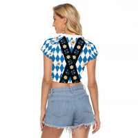 Bavaria Traditional Lederhosen Costume Raglan Cropped T Shirt Bavaria Emblem - Blue Plaid Pattern with Edelweiss Flowers - Wonder Print Shop