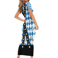 Bavaria Traditional Lederhosen Costume Short Sleeve Bodycon Dress Bavaria Emblem - Blue Plaid Pattern with Edelweiss Flowers - Wonder Print Shop