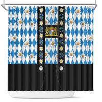 Bavaria Traditional Lederhosen Costume Shower Curtain Bavaria Emblem - Blue Plaid Pattern with Edelweiss Flowers - Wonder Print Shop