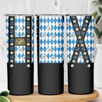 Traditional Bavarian Costume - Lederhosen Skinny Tumbler Bavaria Emblem - Blue Plaid Pattern with Edelweiss Flowers - Wonder Print Shop