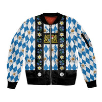 Bavaria Traditional Lederhosen Costume Sleeve Zip Bomber Jacket Bavaria Emblem - Blue Plaid Pattern with Edelweiss Flowers - Wonder Print Shop