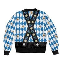 Bavaria Traditional Lederhosen Costume Sleeve Zip Bomber Jacket Bavaria Emblem - Blue Plaid Pattern with Edelweiss Flowers - Wonder Print Shop