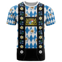 Bavaria Traditional Lederhosen Costume T Shirt Bavaria Emblem - Blue Plaid Pattern with Edelweiss Flowers - Wonder Print Shop