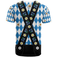 Bavaria Traditional Lederhosen Costume T Shirt Bavaria Emblem - Blue Plaid Pattern with Edelweiss Flowers - Wonder Print Shop