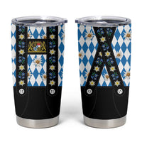 Traditional Bavarian Costume - Lederhosen Tumbler Cup Bavaria Emblem - Blue Plaid Pattern with Edelweiss Flowers - Wonder Print Shop