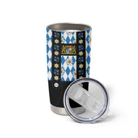 Traditional Bavarian Costume - Lederhosen Tumbler Cup Bavaria Emblem - Blue Plaid Pattern with Edelweiss Flowers - Wonder Print Shop
