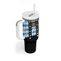 Traditional Bavarian Costume - Lederhosen Tumbler With Handle Bavaria Emblem - Blue Plaid Pattern with Edelweiss Flowers - Wonder Print Shop
