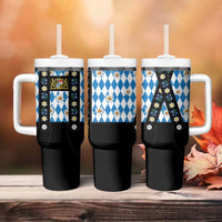 Traditional Bavarian Costume - Lederhosen Tumbler With Handle Bavaria Emblem - Blue Plaid Pattern with Edelweiss Flowers - Wonder Print Shop