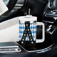 Traditional Bavarian Costume - Lederhosen Tumbler With Handle Bavaria Emblem - Blue Plaid Pattern with Edelweiss Flowers - Wonder Print Shop