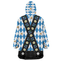 Bavaria Traditional Lederhosen Costume Wearable Blanket Hoodie Bavaria Emblem - Blue Plaid Pattern with Edelweiss Flowers - Wonder Print Shop