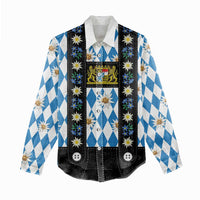 Bavaria Traditional Lederhosen Costume Women Casual Shirt Bavaria Emblem - Blue Plaid Pattern with Edelweiss Flowers - Wonder Print Shop