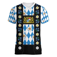 Bavaria Traditional Lederhosen Costume Women V-Neck T-Shirt Bavaria Emblem - Blue Plaid Pattern with Edelweiss Flowers - Wonder Print Shop